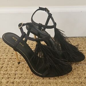 Never Worn Marciano Black Feather-Trim Gold-Stiletto Sandals